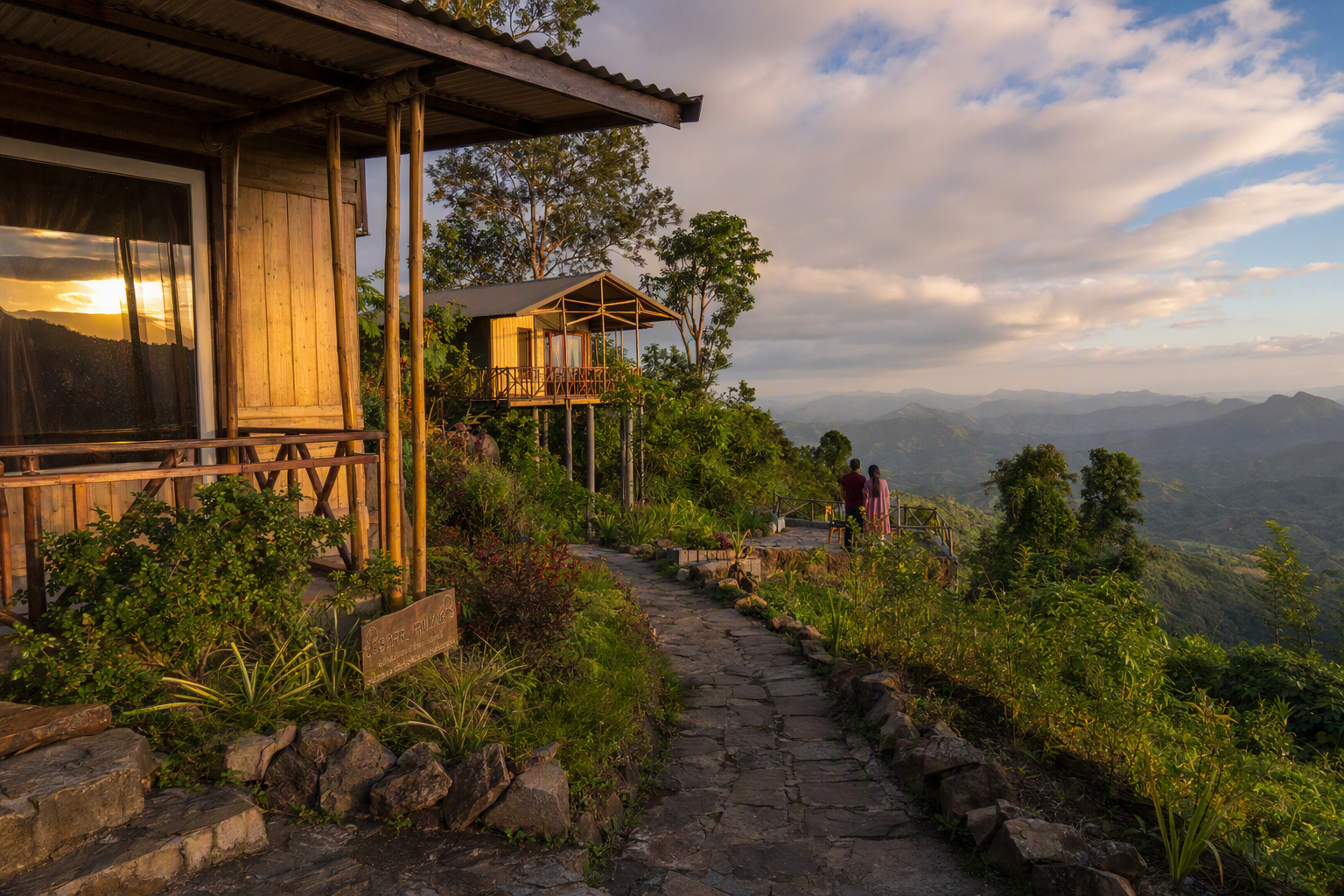 Timber cottages and bamboo details at a Bandarban hill resort overlooking green ridges