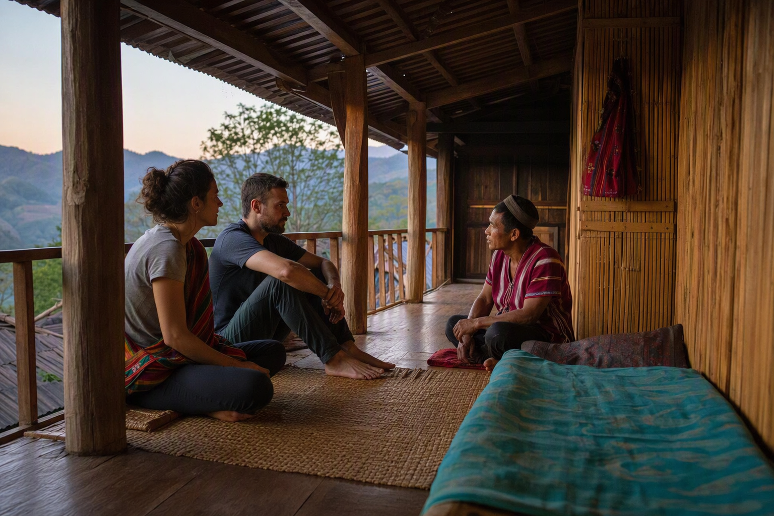 Hosts and guests talking on the bamboo veranda of a responsibly hosted community homestay