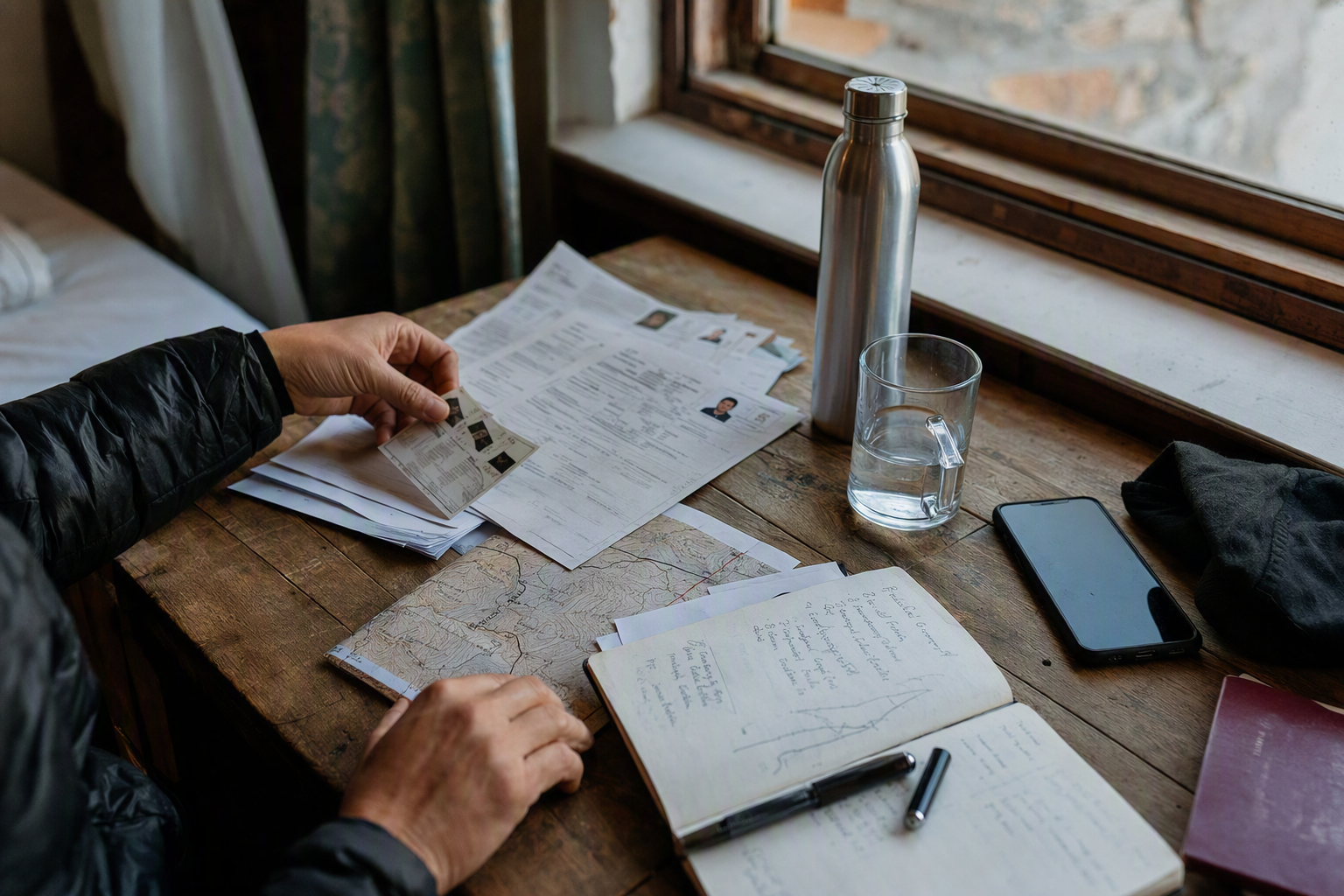 Identification copies, handwritten route notes and permit paperwork on a timber desk