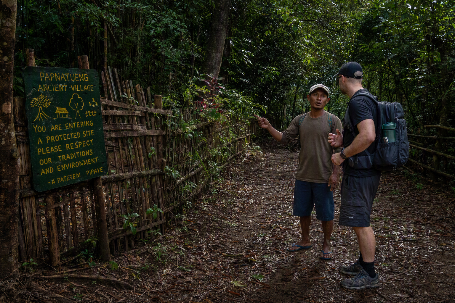 A visitor listening to a local guide beside a marked forest trail and village boundary