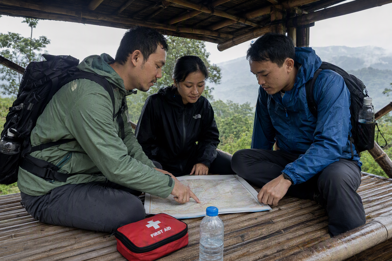 A guide reviewing a route map and weather conditions with two hikers under a bamboo shelter