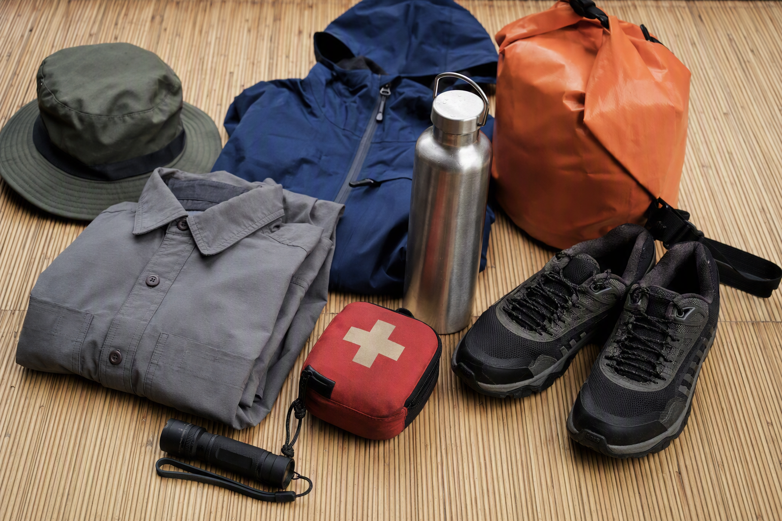 Breathable clothing, rain shell, sturdy shoes, refillable bottle, dry bag, torch and first-aid pouch arranged on a woven mat