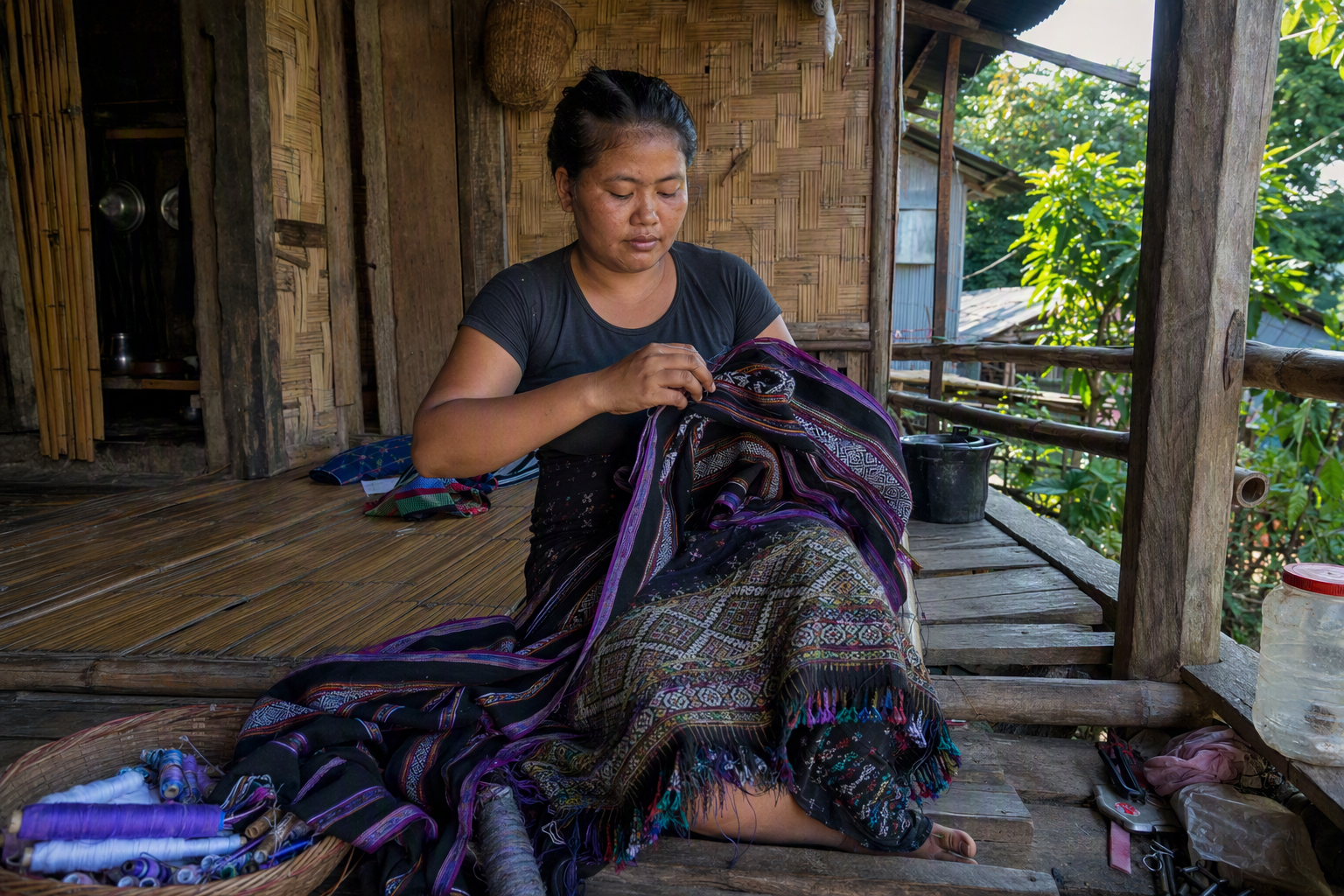 A Bawm artisan weaving inside a bamboo and timber home with daylight entering through the wall