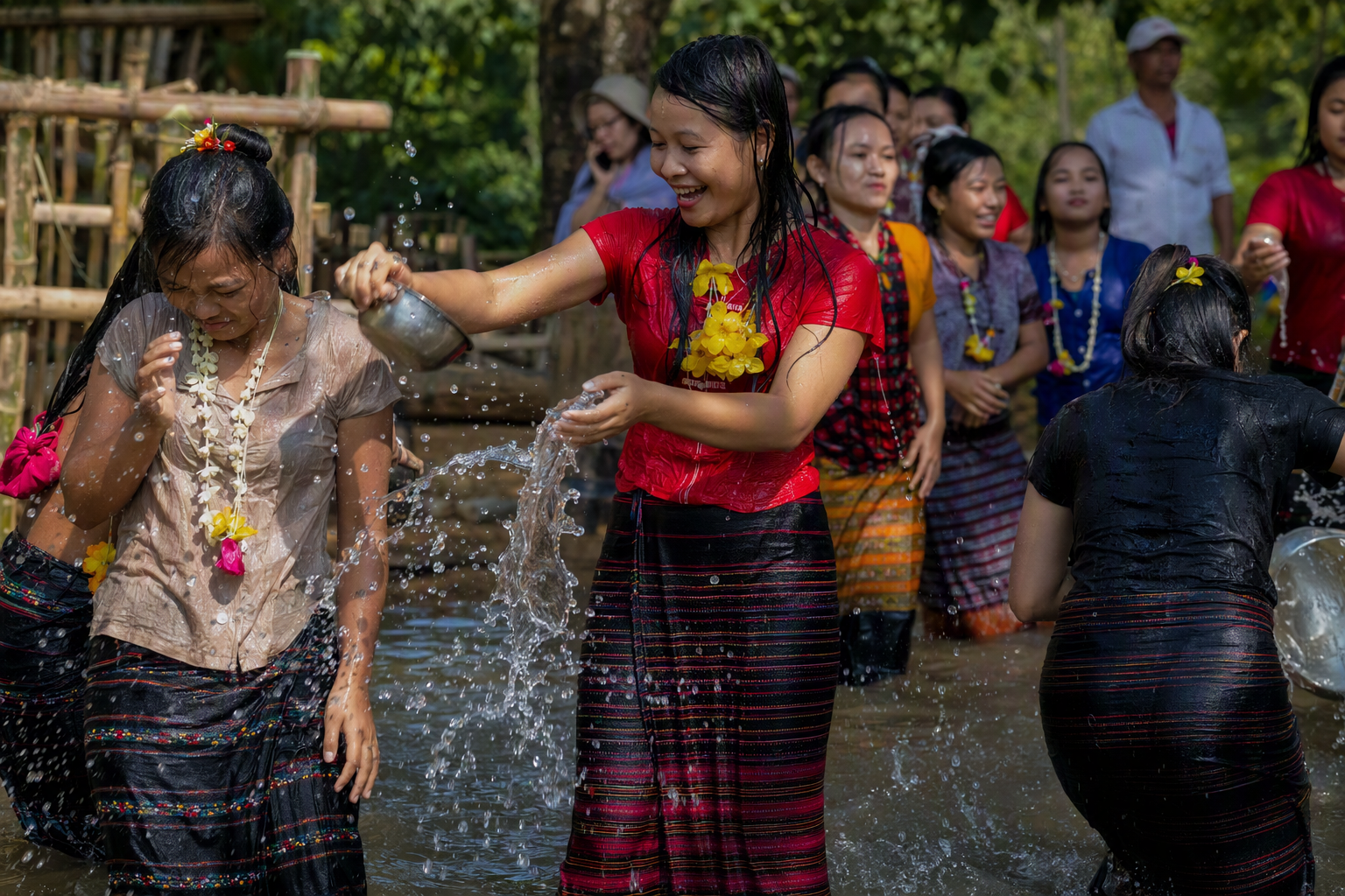People joining a community water celebration during the wider Boisabi season in the Chittagong Hill Tracts