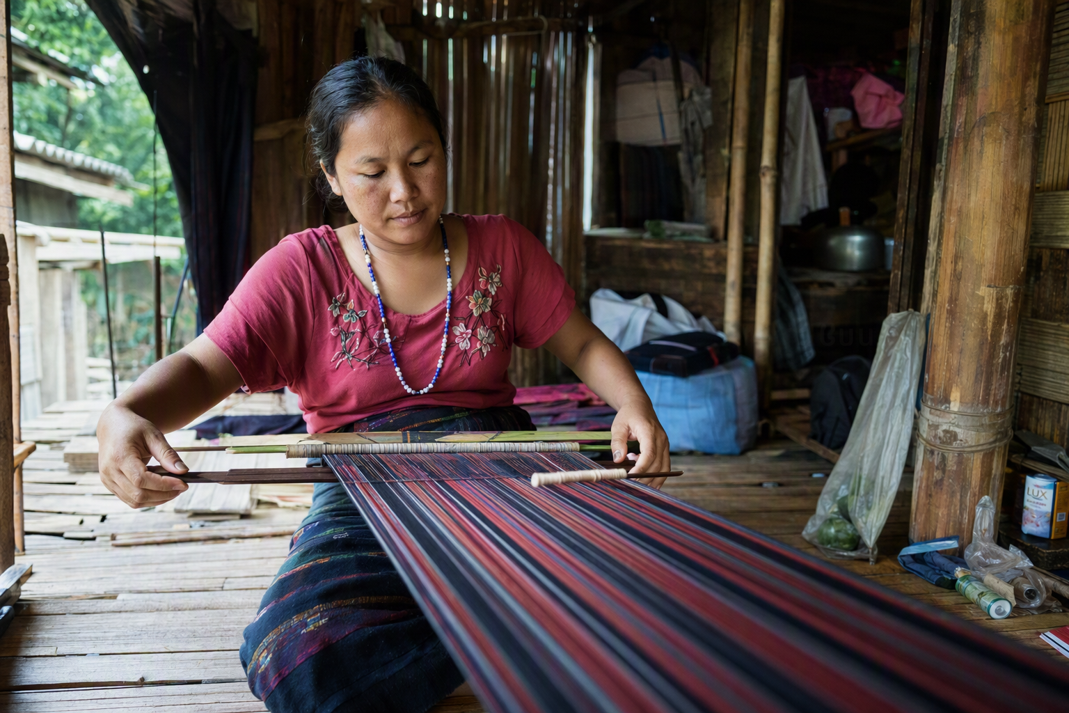 A Chakma artisan working at a backstrap loom in a timber and bamboo interior