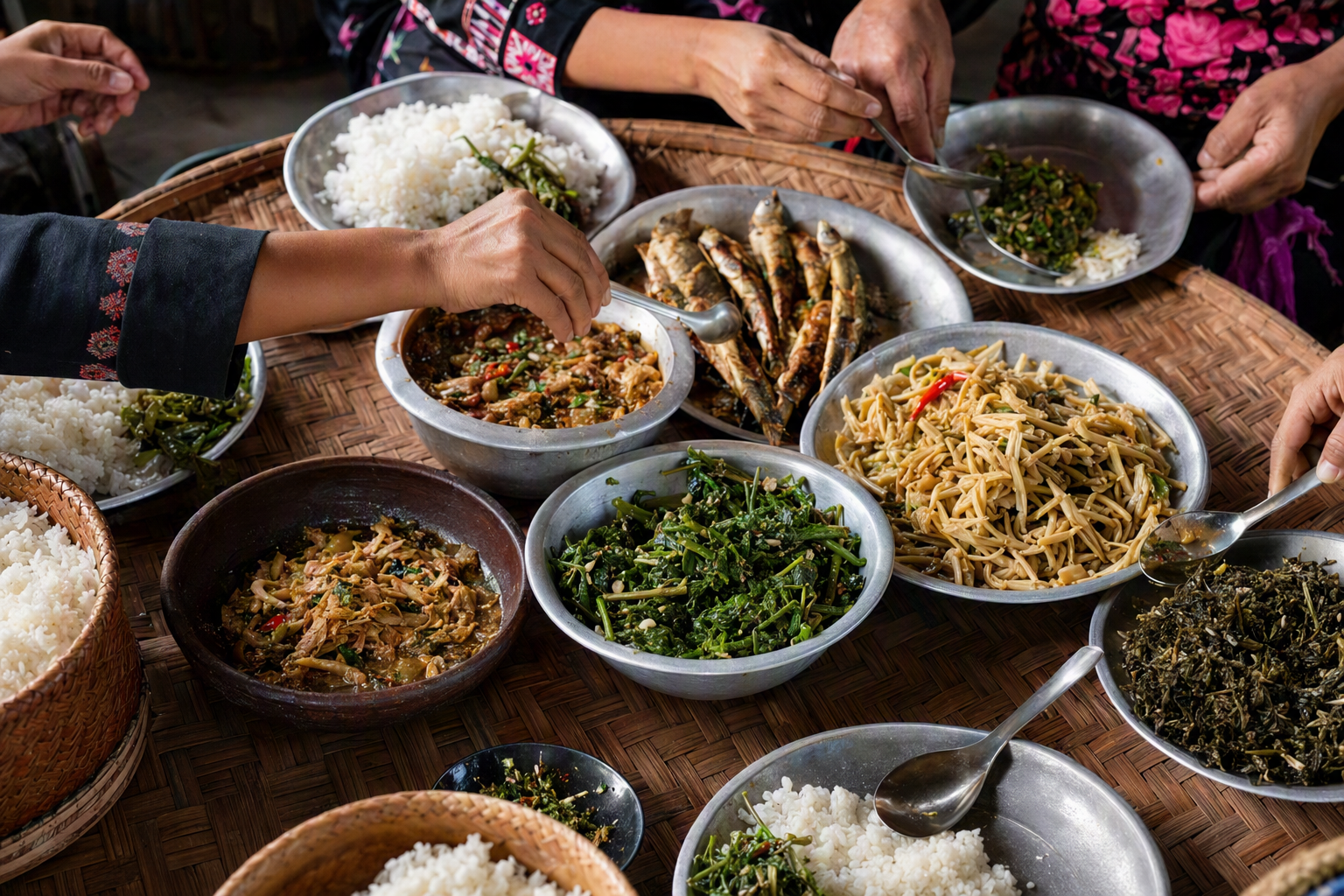 Rice, greens, fish and seasonal dishes shared at a table