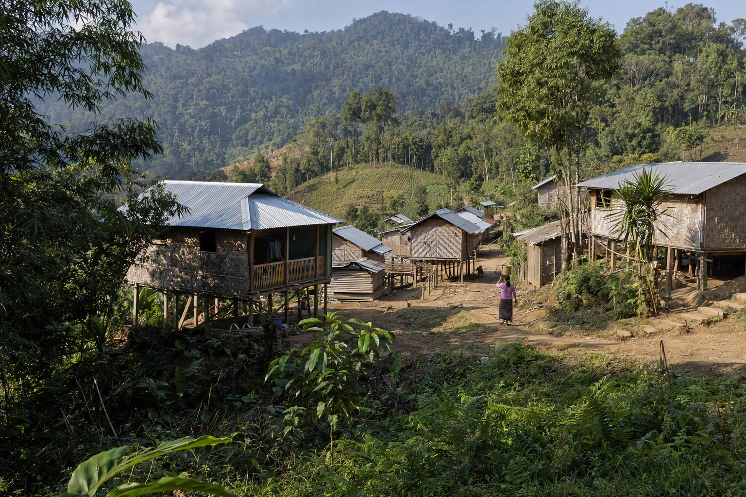Bamboo-and-timber stilt houses, earthen paths and cultivated hillside patches in a Mro village landscape