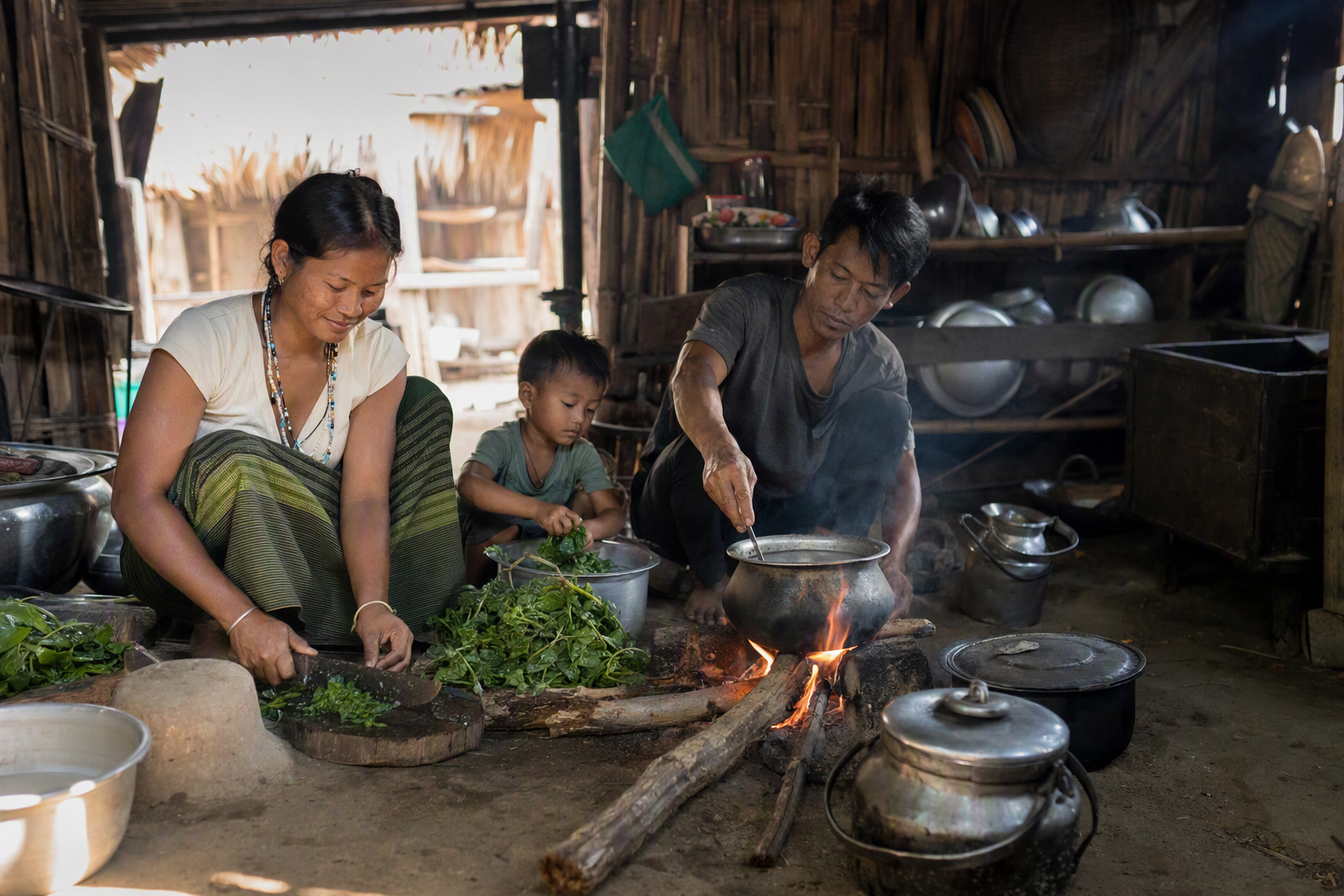 Family members preparing an everyday meal with leafy hill vegetables in a Tanchangya kitchen