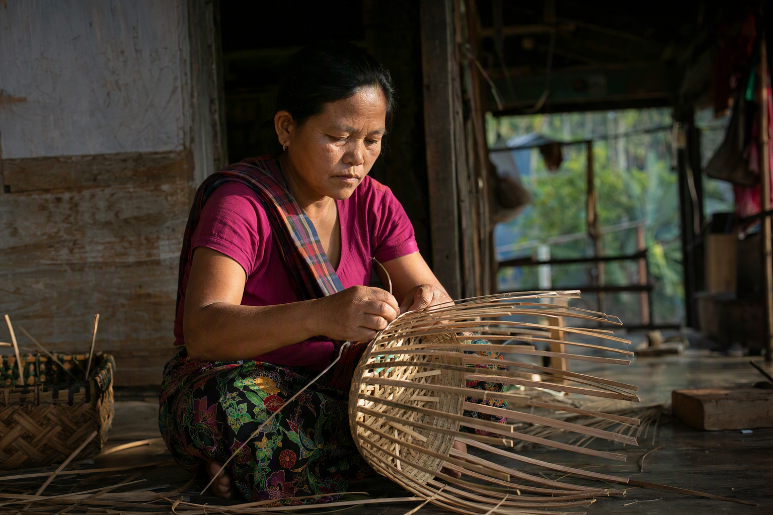 A Tripura craftsperson shaping split bamboo into a household basket beside a timber veranda