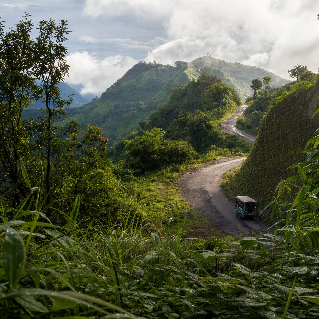 A shared vehicle following a winding road along a steep green Bandarban ridge beneath low cloud