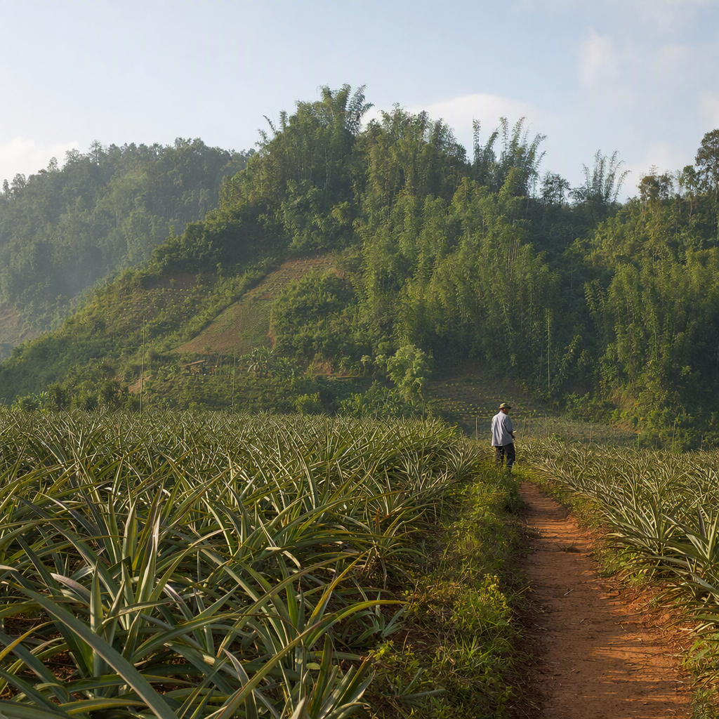 A farmer working among Khagrachari pineapple fields beside a red-soil path and bamboo-covered hills