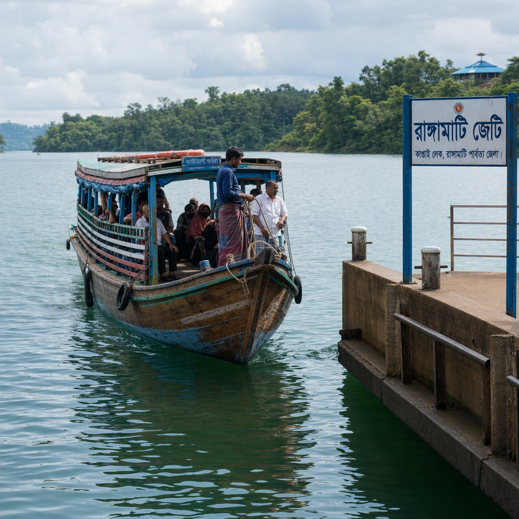 A wooden passenger boat approaching a Rangamati jetty on Kaptai Lake, with green islands beyond