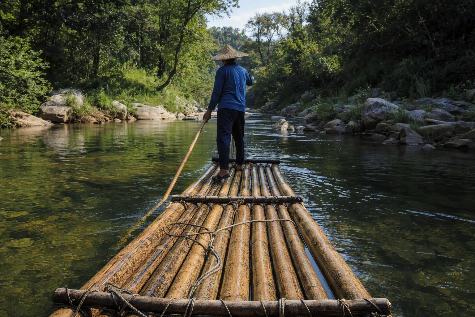 A bamboo raft moving quietly beside a densely green riverbank