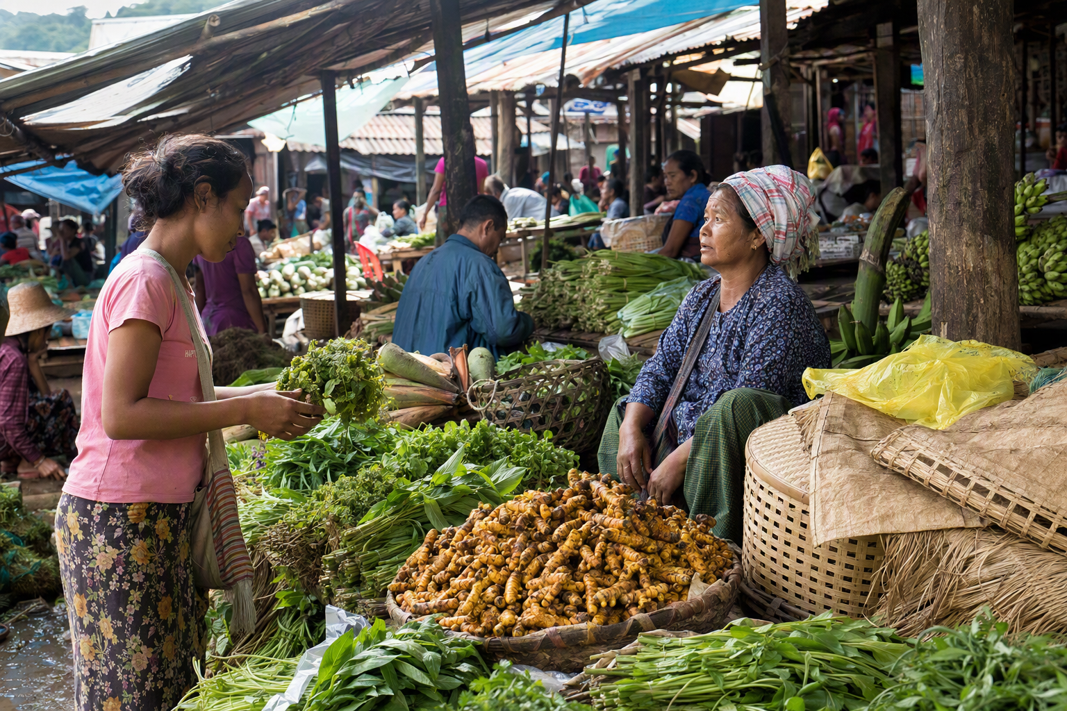 Vendors and neighbours exchanging seasonal produce at a Hill Tracts morning market