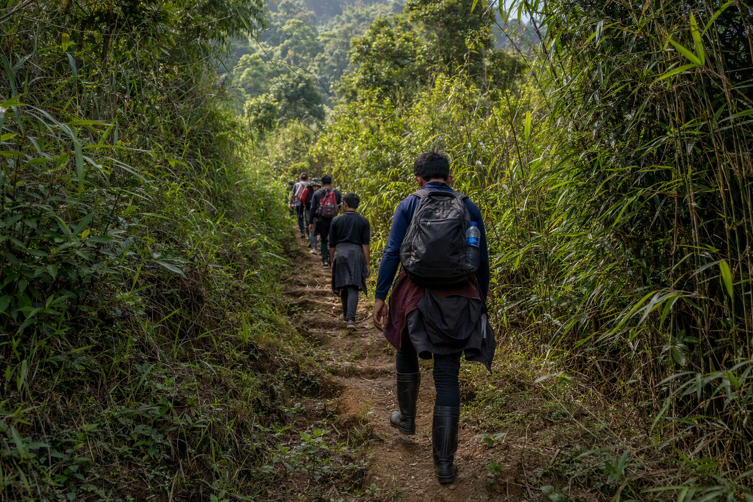 Hikers following a steep green trail toward Keokradong with a local guide