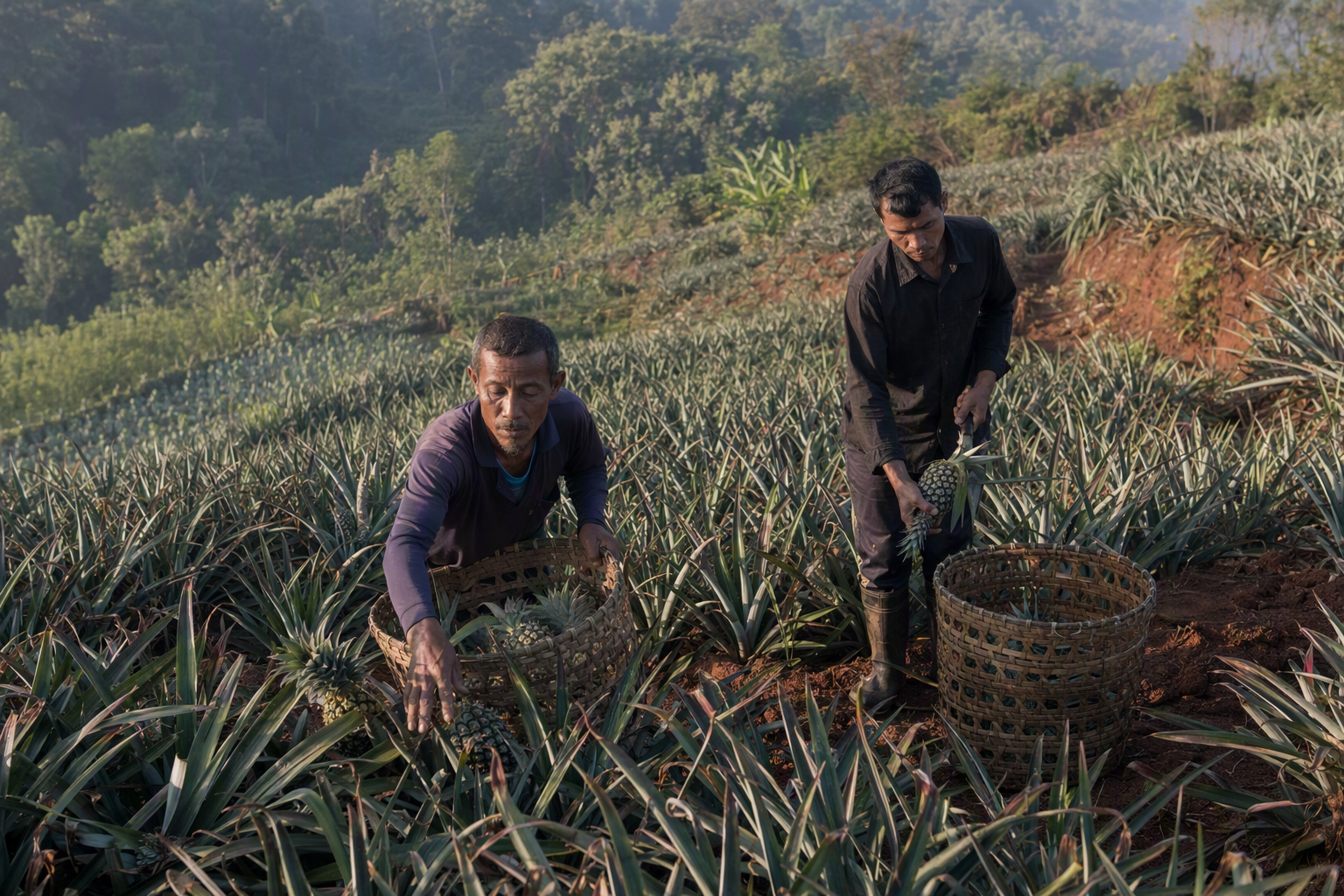 A farmer tending rows of pineapple plants on rolling red-soil ground in Khagrachhari