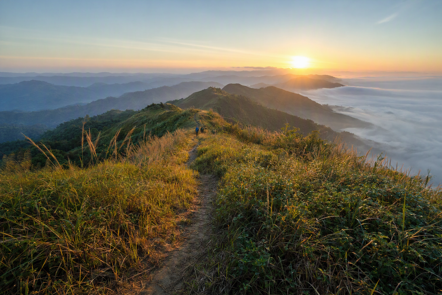 A narrow trail following a misty Bandarban ridge through tall grass