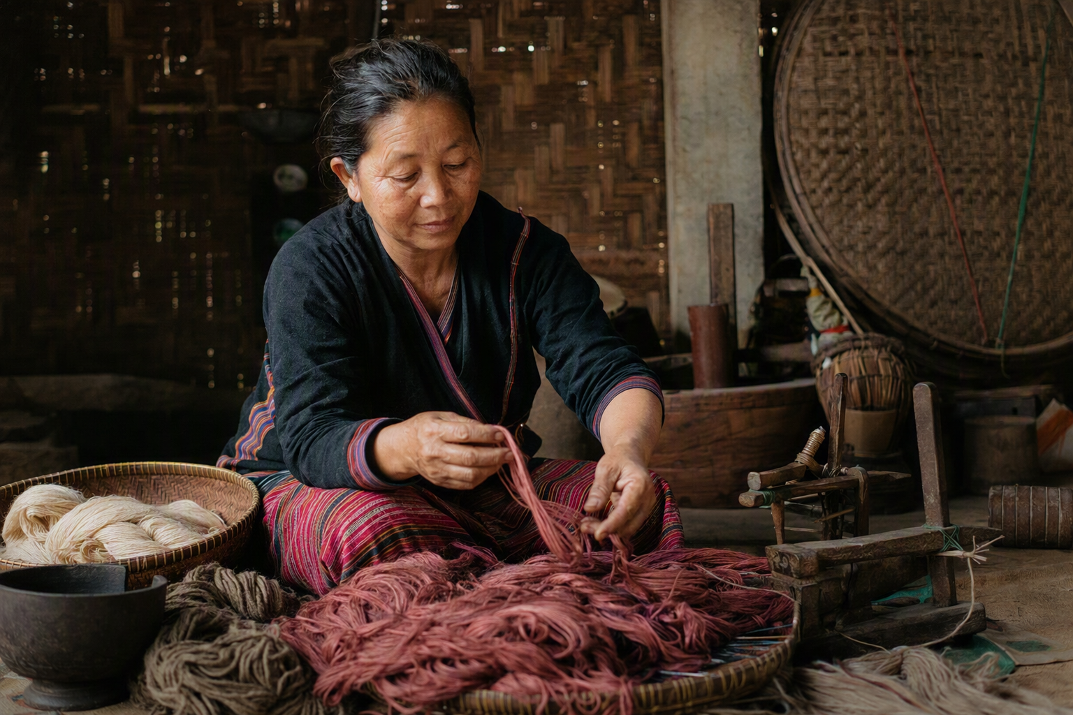 Artisan hands working dyed cotton thread beside bamboo basketry and carved wooden tools
