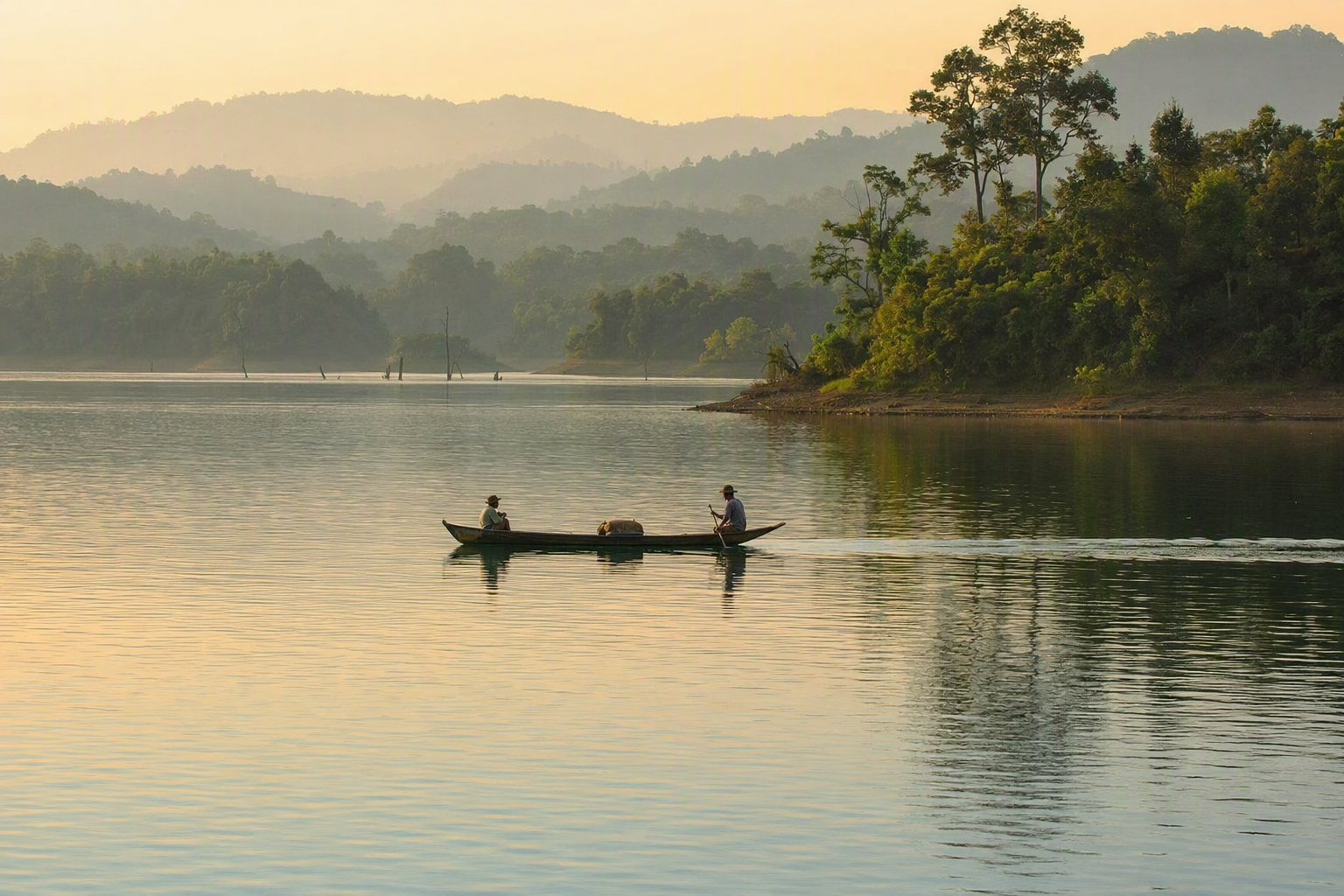 A narrow wooden boat crossing calm Kaptai Lake at sunrise between wooded islands