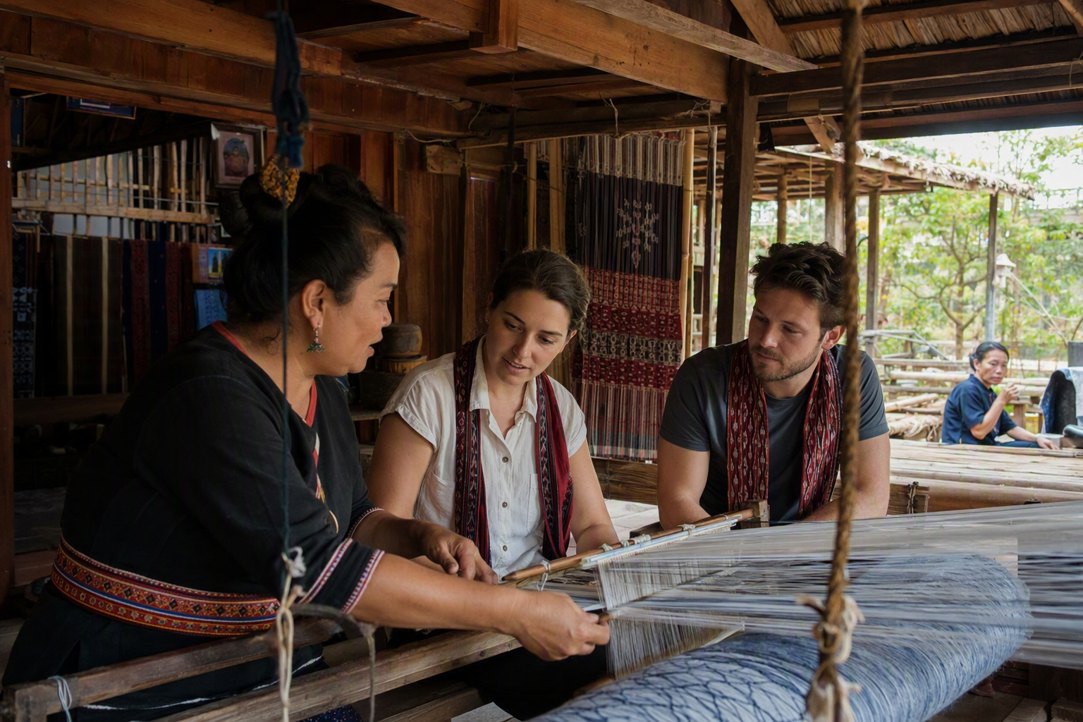 A host and visitor sharing tea beside loom threads and handwoven textiles on a bamboo veranda