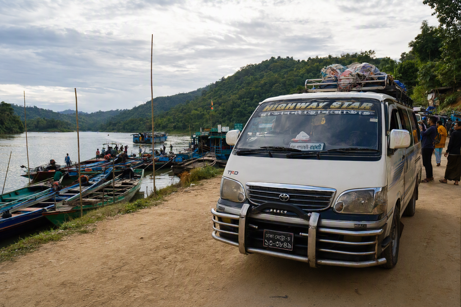 A shared vehicle and wooden boats at a ferry landing on a seven-day three-district route