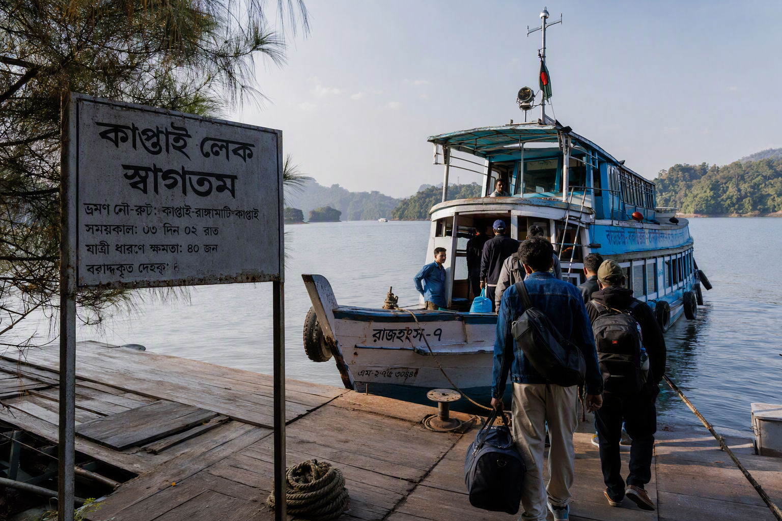 Travellers and crew preparing a passenger boat at a Kaptai Lake jetty