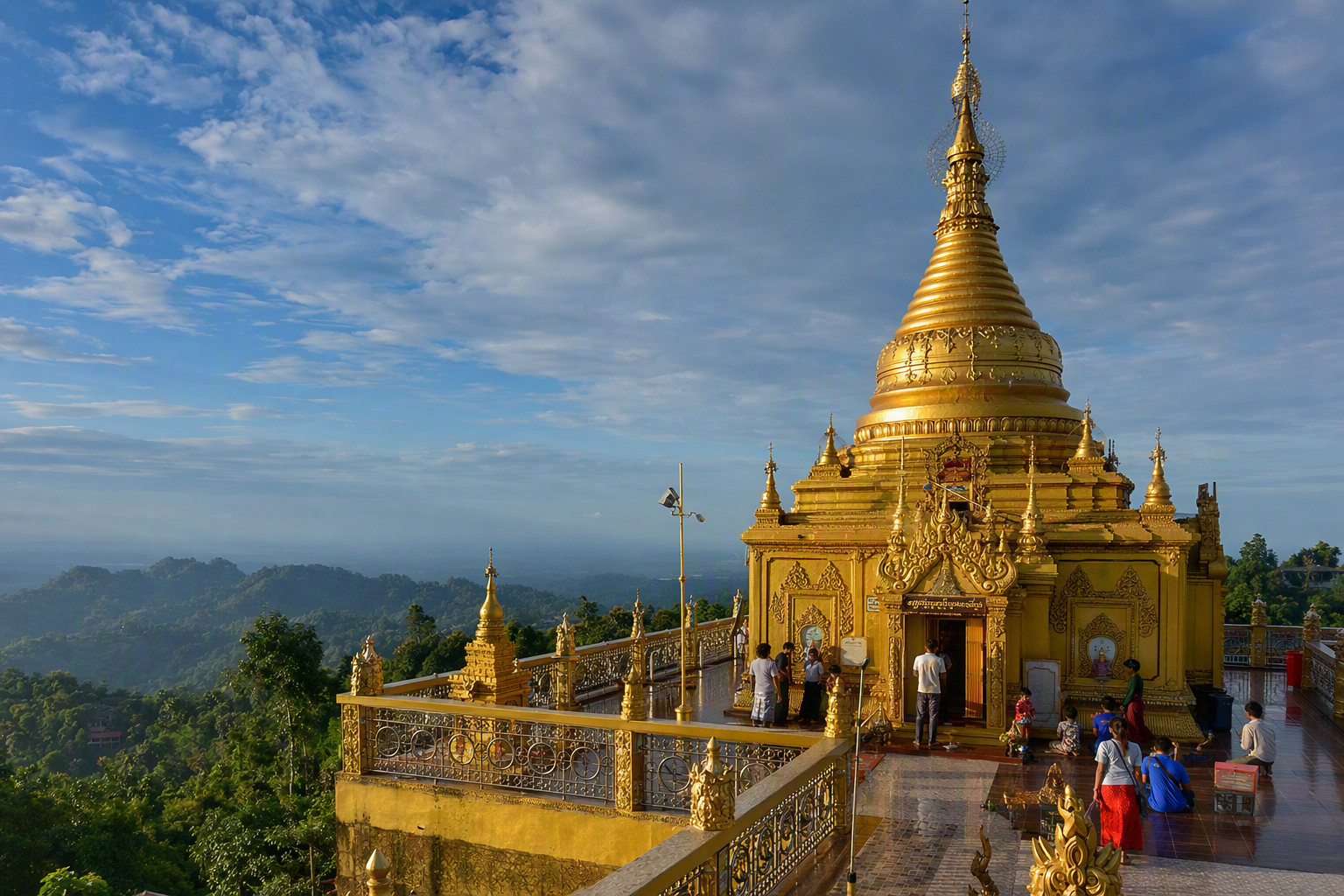 The golden Buddha Dhatu Jadi complex on a forested Bandarban hilltop